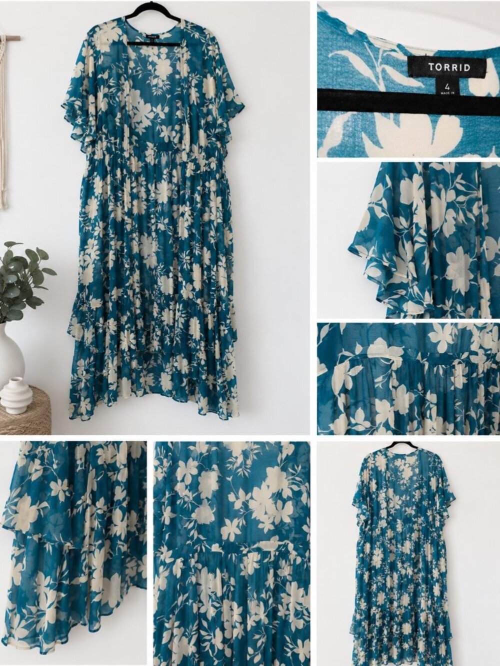 Torrid Size 4 Teal Floral Kimono Tiered Boho Duster NWOT 💙🌸
